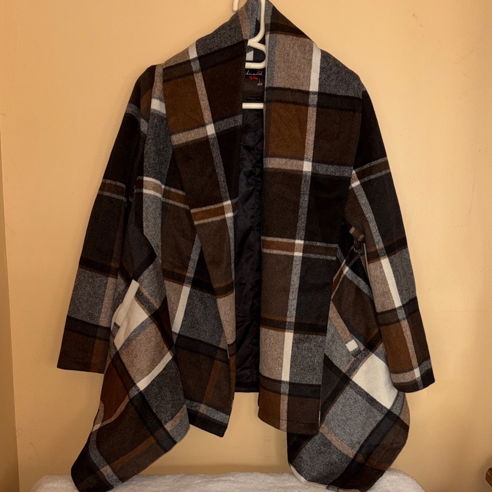 Chicwish Plaid Cape in Brown, Black, and White